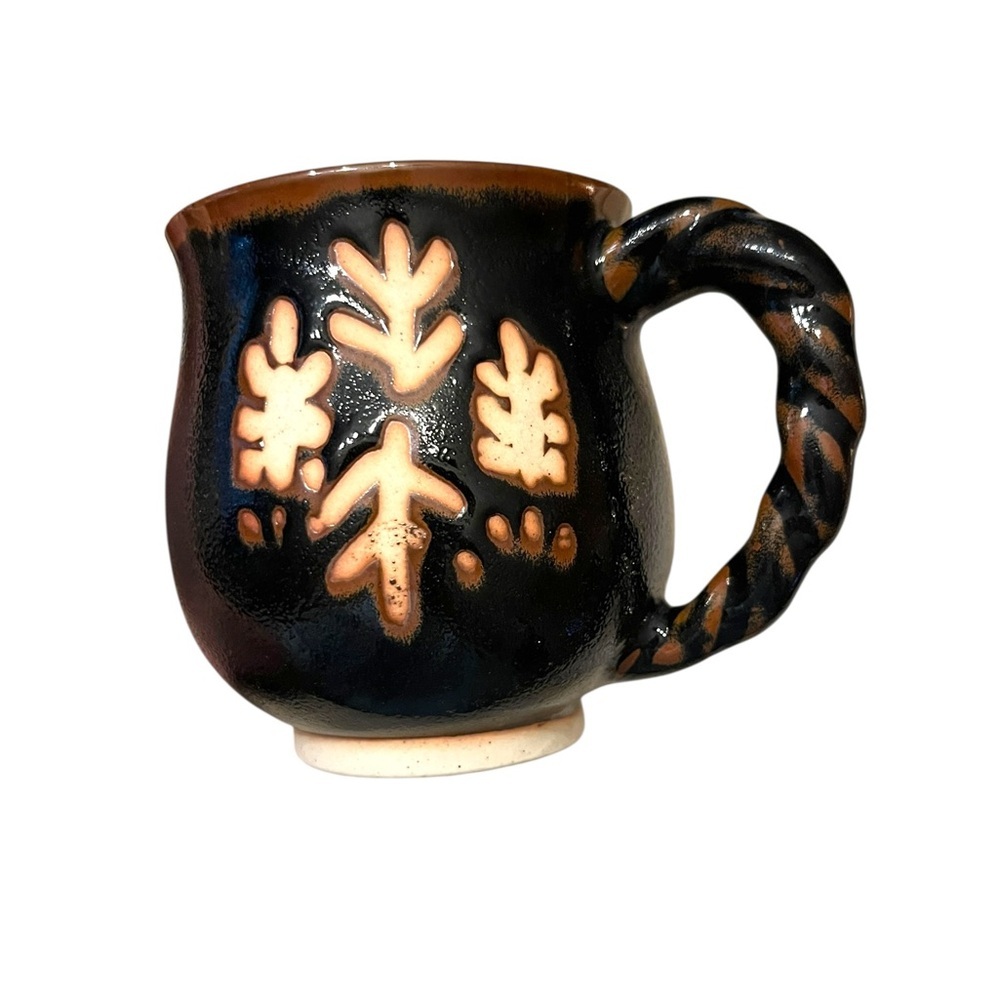 Handmade Glazed Stoneware Pottery Mug Twisted Handle Black and Brown Mug
